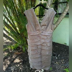 Jessica Howard Festive Gold Layered Midi Dress. mother of the bride, cocktail